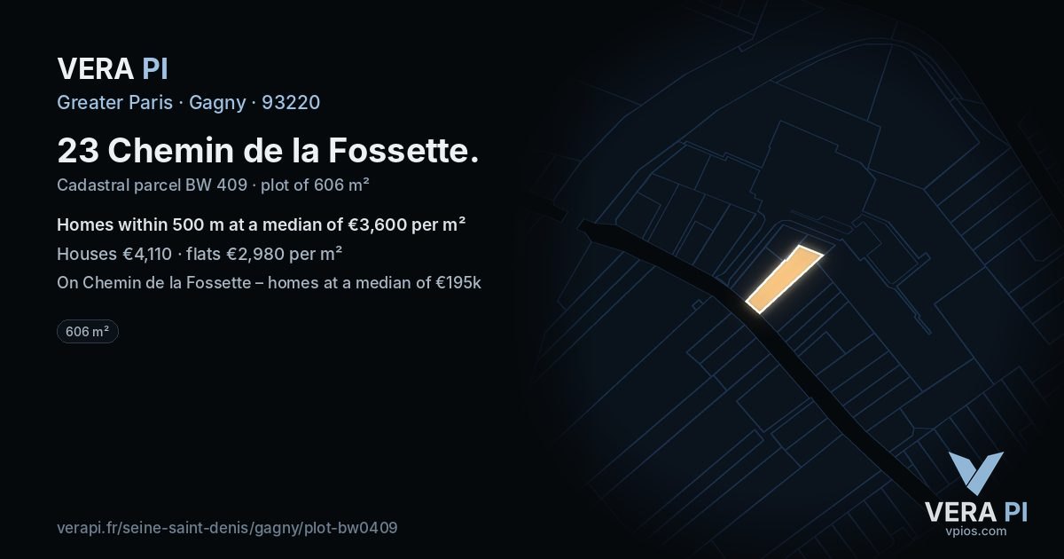 23 Chemin de la Fossette, Gagny at night – the plot lit, the parcels around coloured by the prices near them