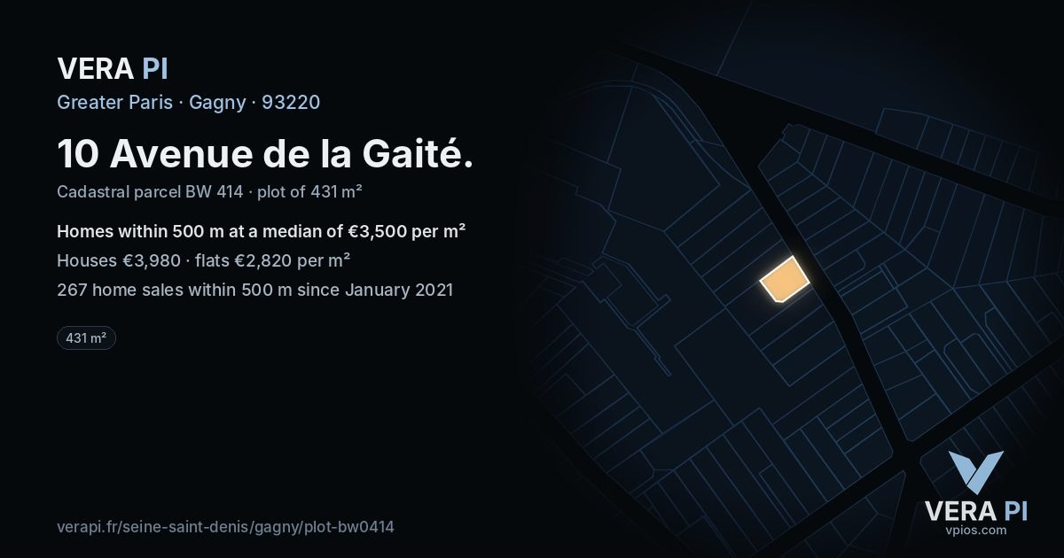 10 Avenue de la Gaité, Gagny at night – the plot lit, the parcels around coloured by the prices near them