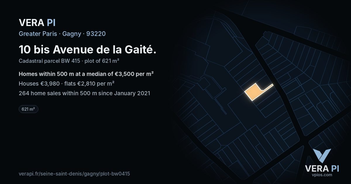 10 bis Avenue de la Gaité, Gagny at night – the plot lit, the parcels around coloured by the prices near them