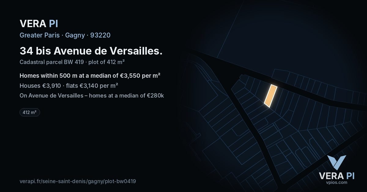 34 bis Avenue de Versailles, Gagny at night – the plot lit, the parcels around coloured by the prices near them