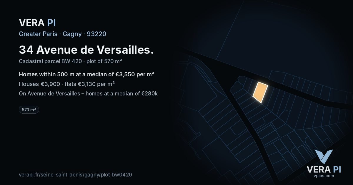 34 Avenue de Versailles, Gagny at night – the plot lit, the parcels around coloured by the prices near them