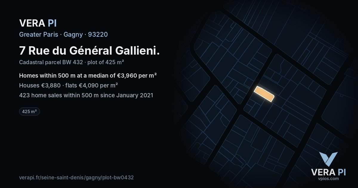 7 Rue du Général Gallieni, Gagny at night – the plot lit, the parcels around coloured by the prices near them