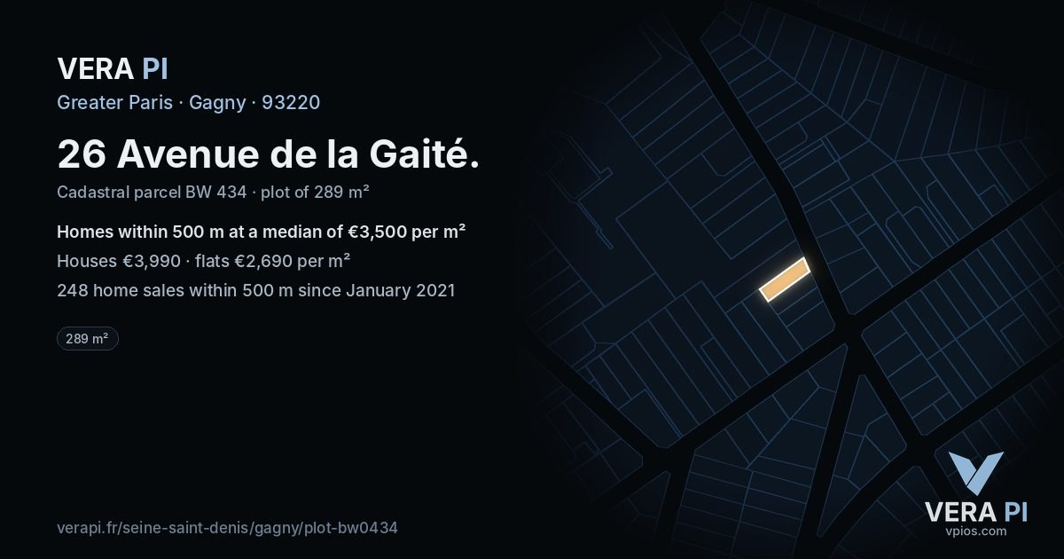 26 Avenue de la Gaité, Gagny at night – the plot lit, the parcels around coloured by the prices near them