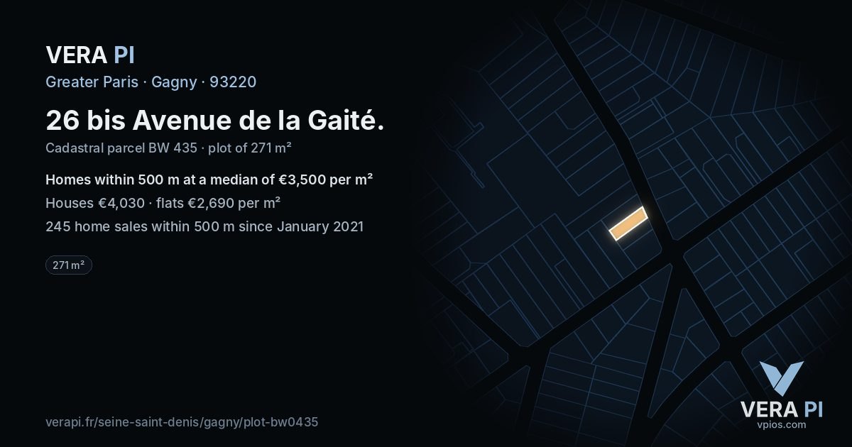26 bis Avenue de la Gaité, Gagny at night – the plot lit, the parcels around coloured by the prices near them