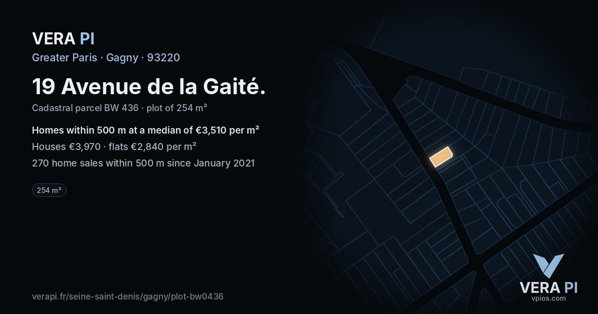 19 Avenue de la Gaité, Gagny at night – the plot lit, the parcels around coloured by the prices near them