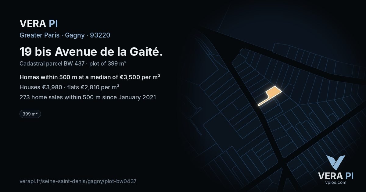 19 bis Avenue de la Gaité, Gagny at night – the plot lit, the parcels around coloured by the prices near them