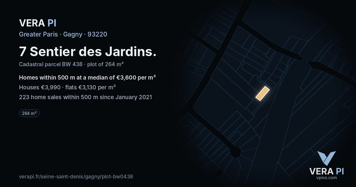 7 Sentier des Jardins, Gagny at night – the plot lit, the parcels around coloured by the prices near them