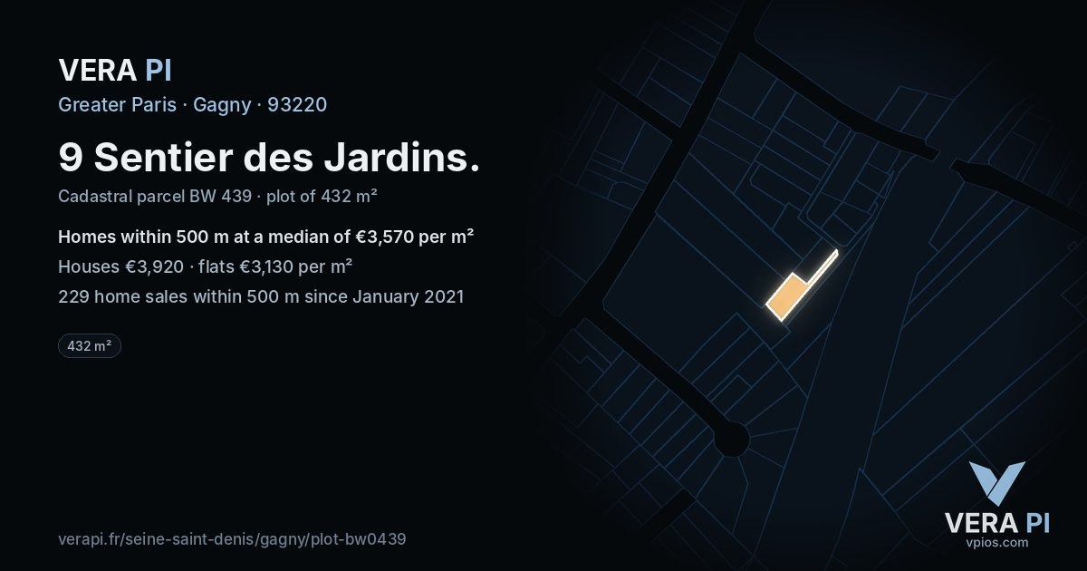 9 Sentier des Jardins, Gagny at night – the plot lit, the parcels around coloured by the prices near them