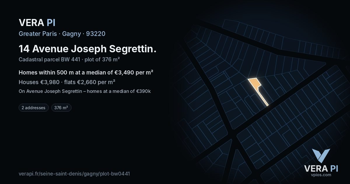 14 Avenue Joseph Segrettin, Gagny at night – the plot lit, the parcels around coloured by the prices near them