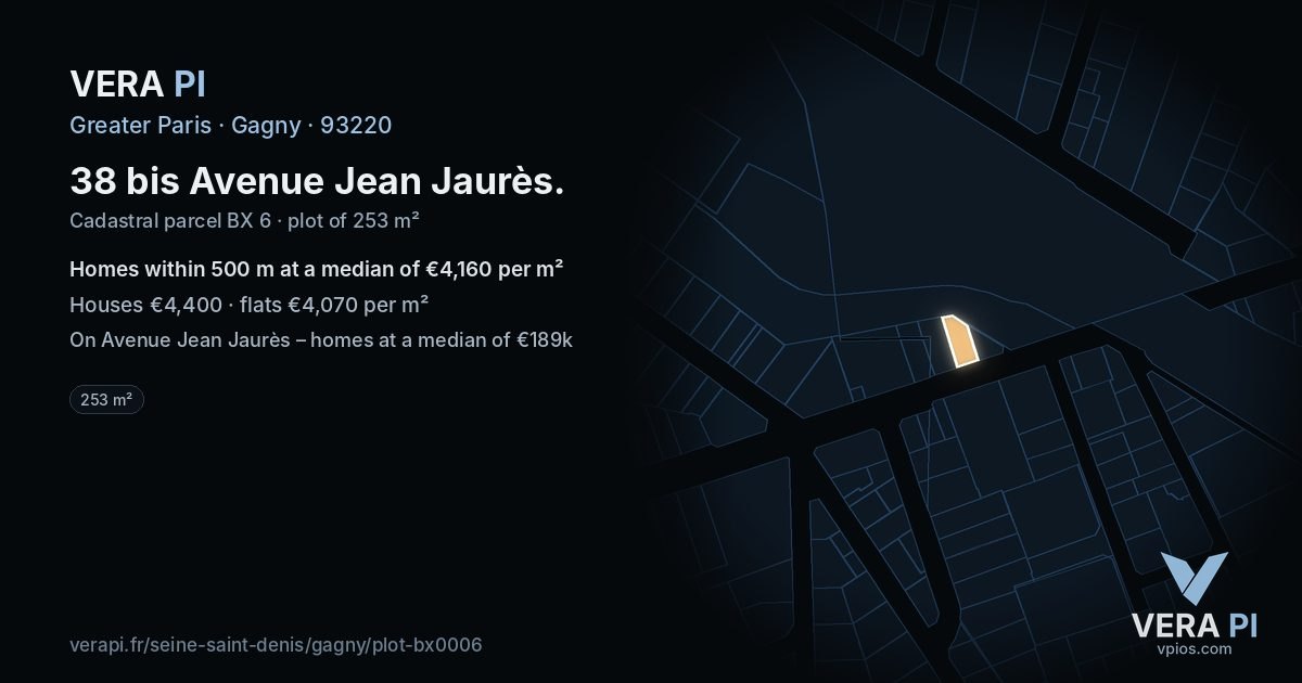 38 bis Avenue Jean Jaurès, Gagny at night – the plot lit, the parcels around coloured by the prices near them