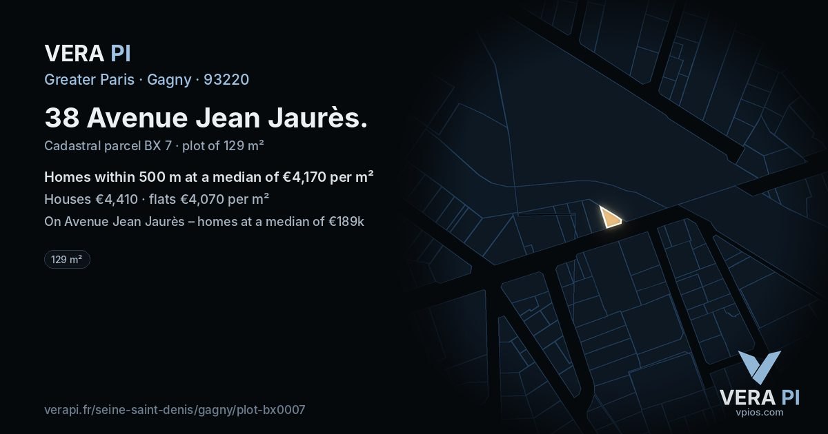 38 Avenue Jean Jaurès, Gagny at night – the plot lit, the parcels around coloured by the prices near them
