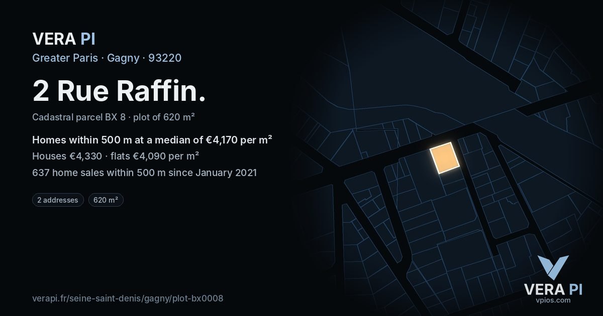 2 Rue Raffin, Gagny at night – the plot lit, the parcels around coloured by the prices near them