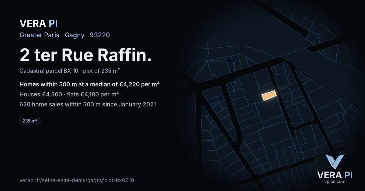 2 ter Rue Raffin, Gagny at night – the plot lit, the parcels around coloured by the prices near them