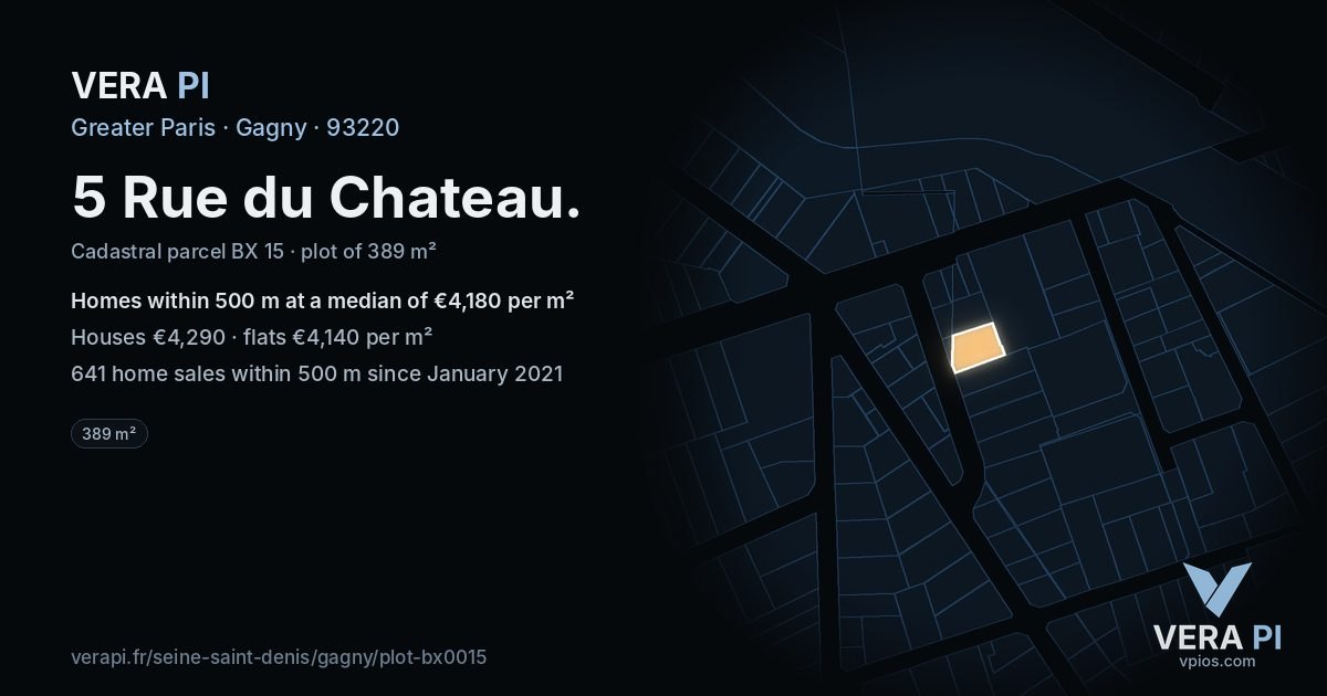 5 Rue du Chateau, Gagny at night – the plot lit, the parcels around coloured by the prices near them