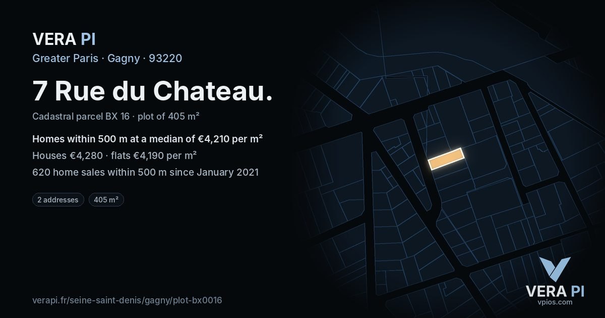 7 Rue du Chateau, Gagny at night – the plot lit, the parcels around coloured by the prices near them