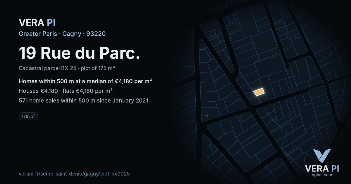 19 Rue du Parc, Gagny at night – the plot lit, the parcels around coloured by the prices near them