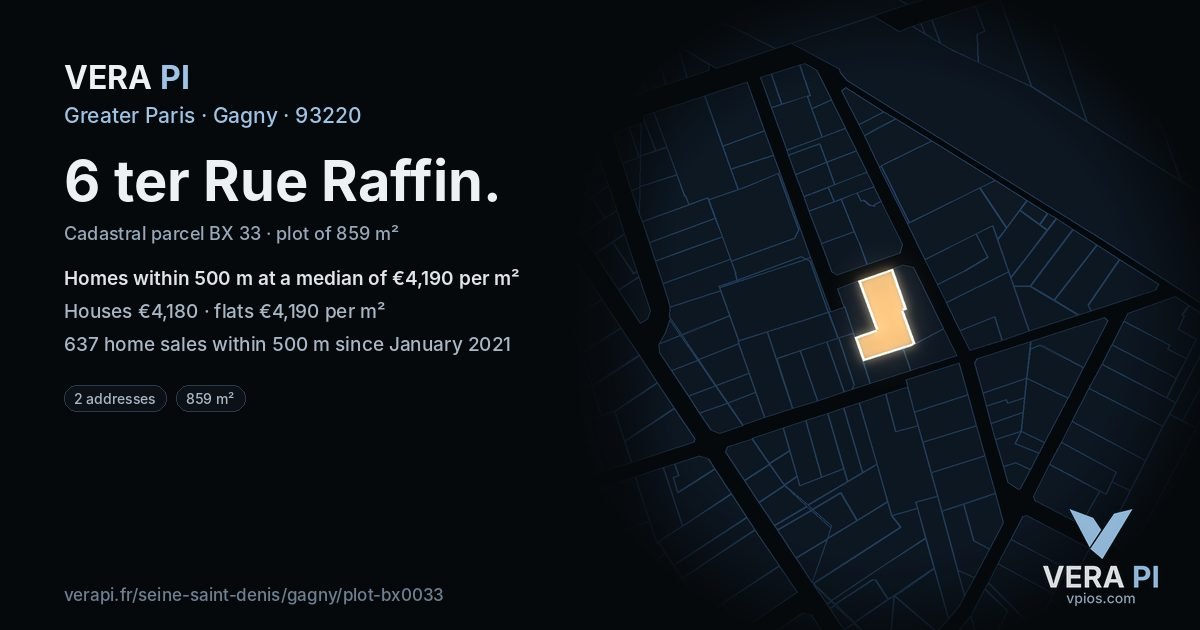 6 ter Rue Raffin, Gagny at night – the plot lit, the parcels around coloured by the prices near them