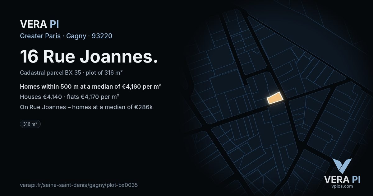 16 Rue Joannes, Gagny at night – the plot lit, the parcels around coloured by the prices near them