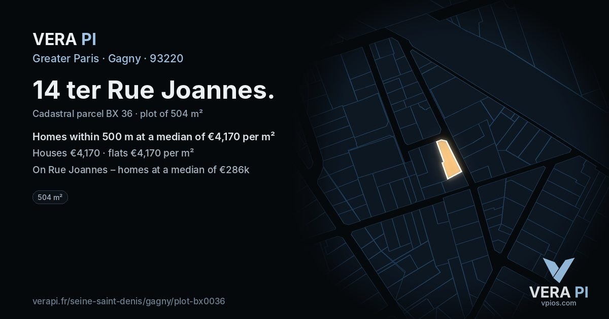14 ter Rue Joannes, Gagny at night – the plot lit, the parcels around coloured by the prices near them