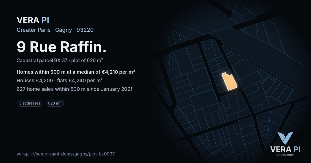 9 Rue Raffin, Gagny at night – the plot lit, the parcels around coloured by the prices near them
