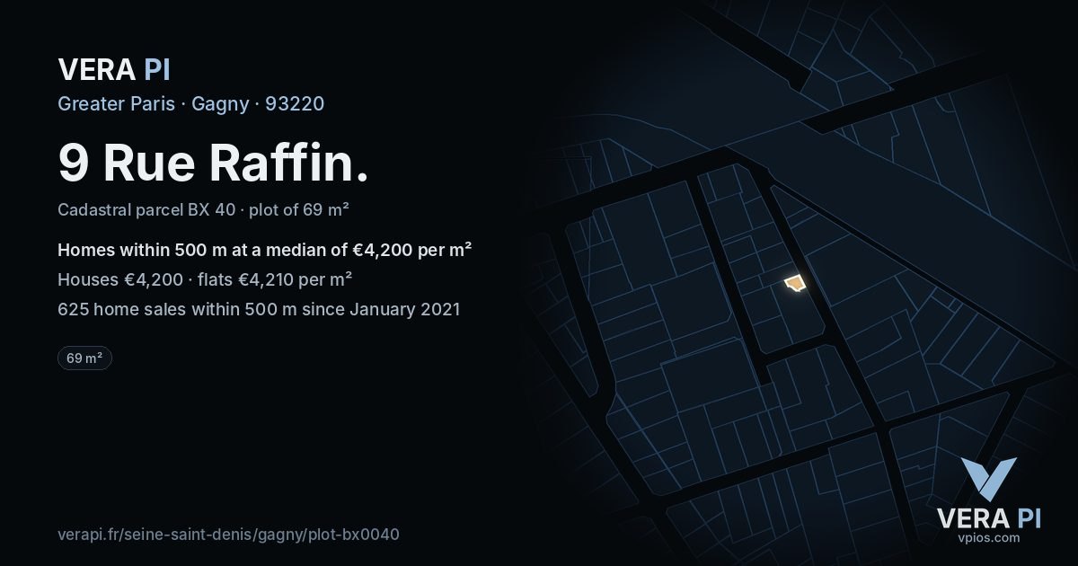 9 Rue Raffin, Gagny at night – the plot lit, the parcels around coloured by the prices near them