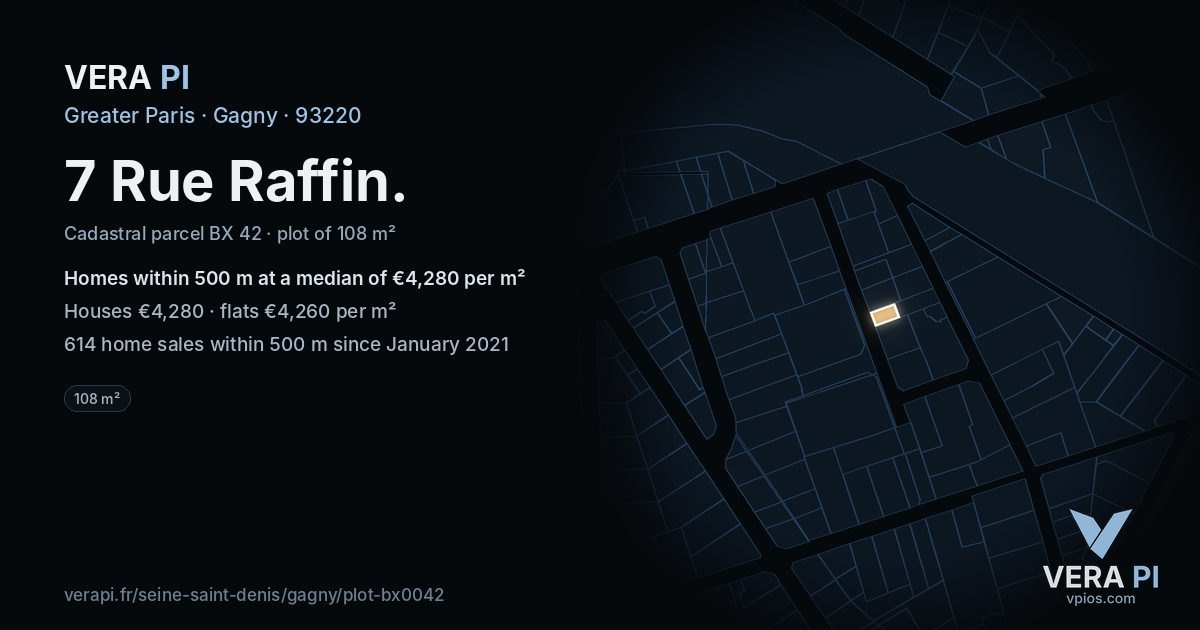7 Rue Raffin, Gagny at night – the plot lit, the parcels around coloured by the prices near them