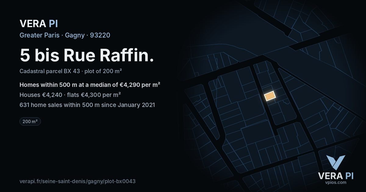 5 bis Rue Raffin, Gagny at night – the plot lit, the parcels around coloured by the prices near them