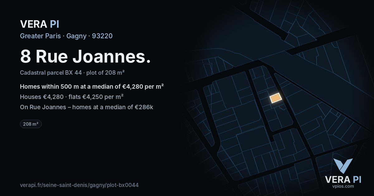 8 Rue Joannes, Gagny at night – the plot lit, the parcels around coloured by the prices near them