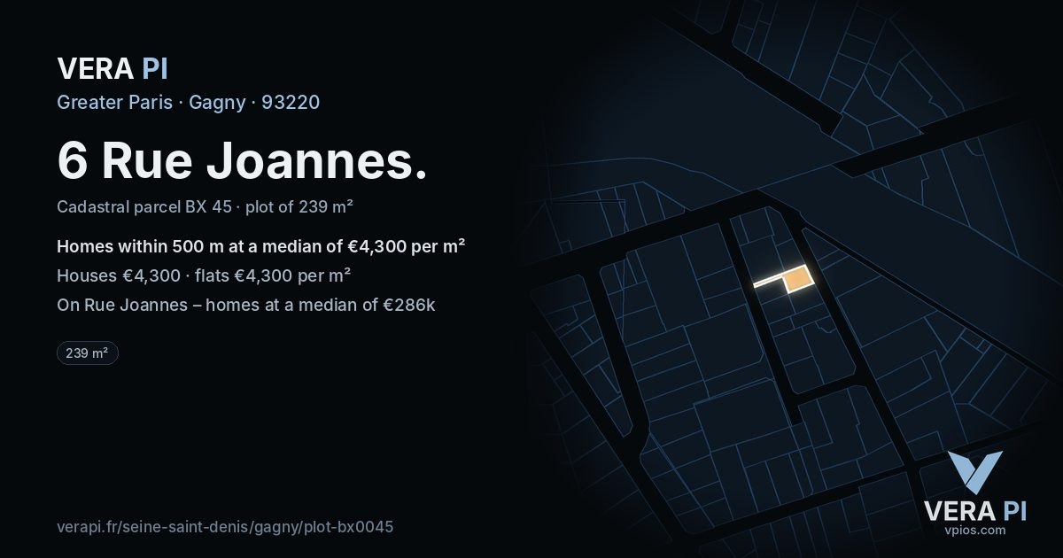 6 Rue Joannes, Gagny at night – the plot lit, the parcels around coloured by the prices near them