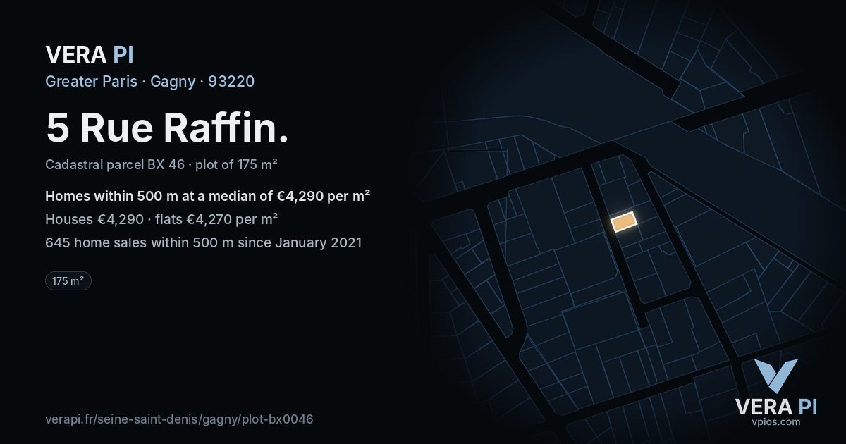 5 Rue Raffin, Gagny at night – the plot lit, the parcels around coloured by the prices near them