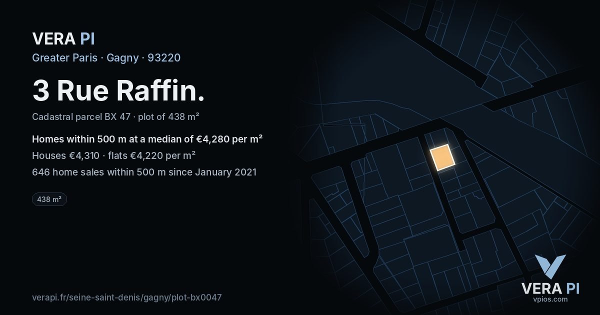 3 Rue Raffin, Gagny at night – the plot lit, the parcels around coloured by the prices near them