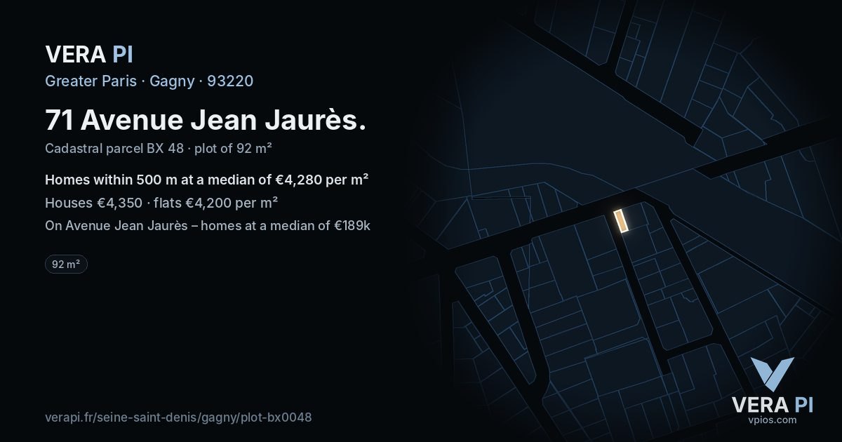 71 Avenue Jean Jaurès, Gagny at night – the plot lit, the parcels around coloured by the prices near them
