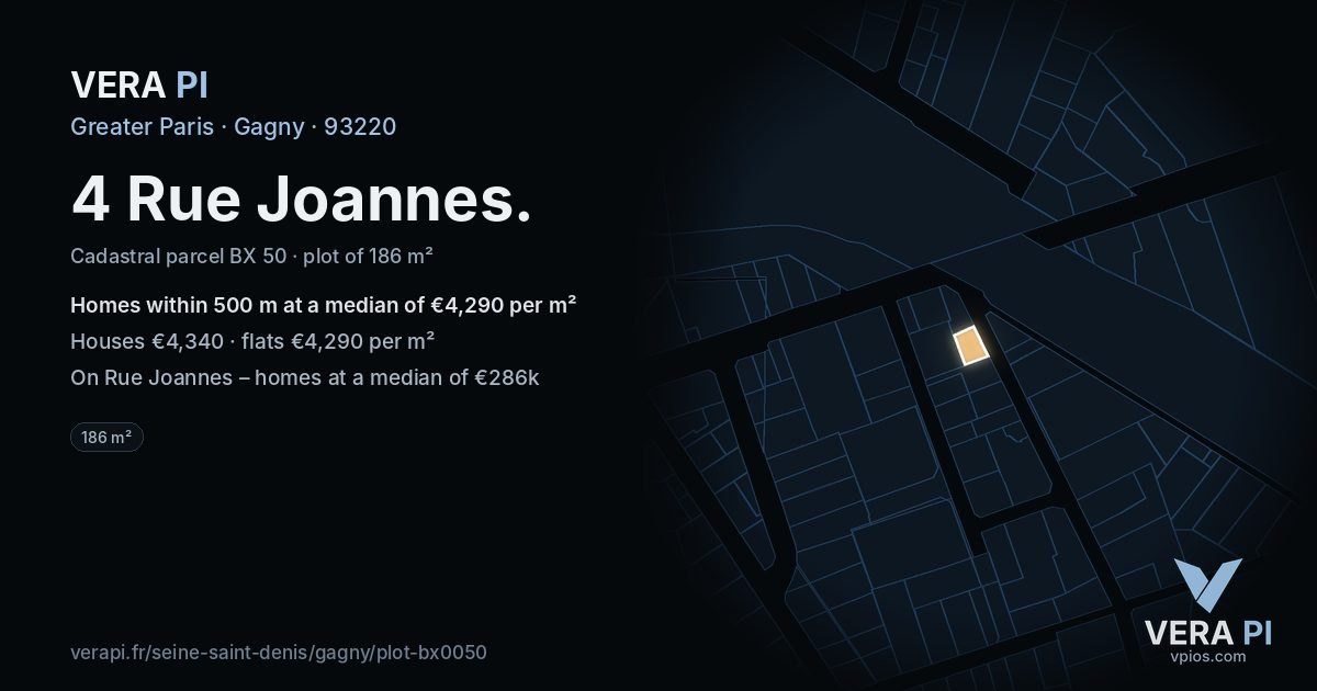 4 Rue Joannes, Gagny at night – the plot lit, the parcels around coloured by the prices near them