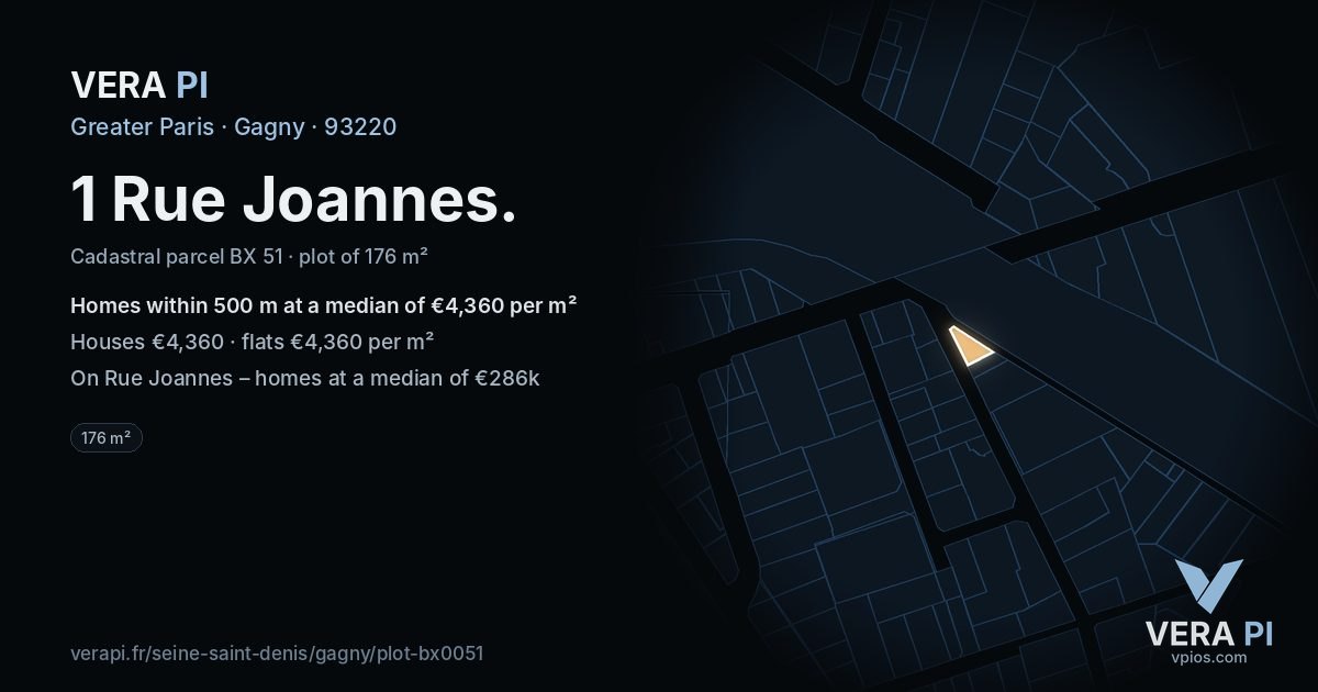 1 Rue Joannes, Gagny at night – the plot lit, the parcels around coloured by the prices near them