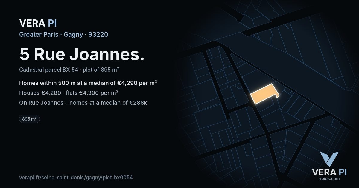 5 Rue Joannes, Gagny at night – the plot lit, the parcels around coloured by the prices near them