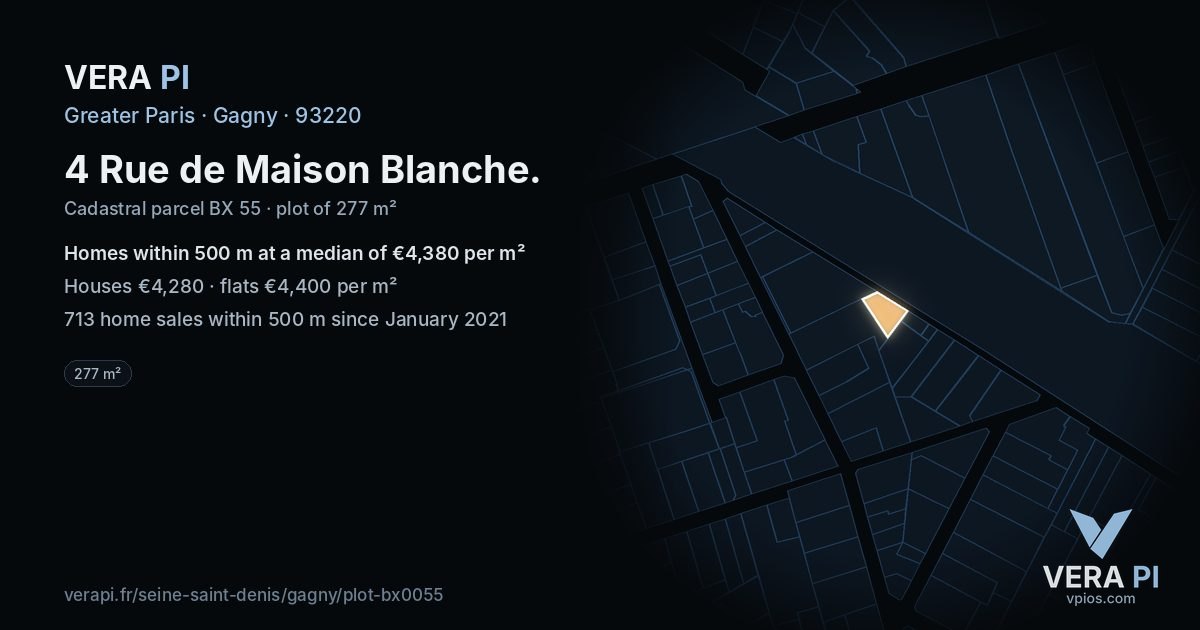 4 Rue de Maison Blanche, Gagny at night – the plot lit, the parcels around coloured by the prices near them