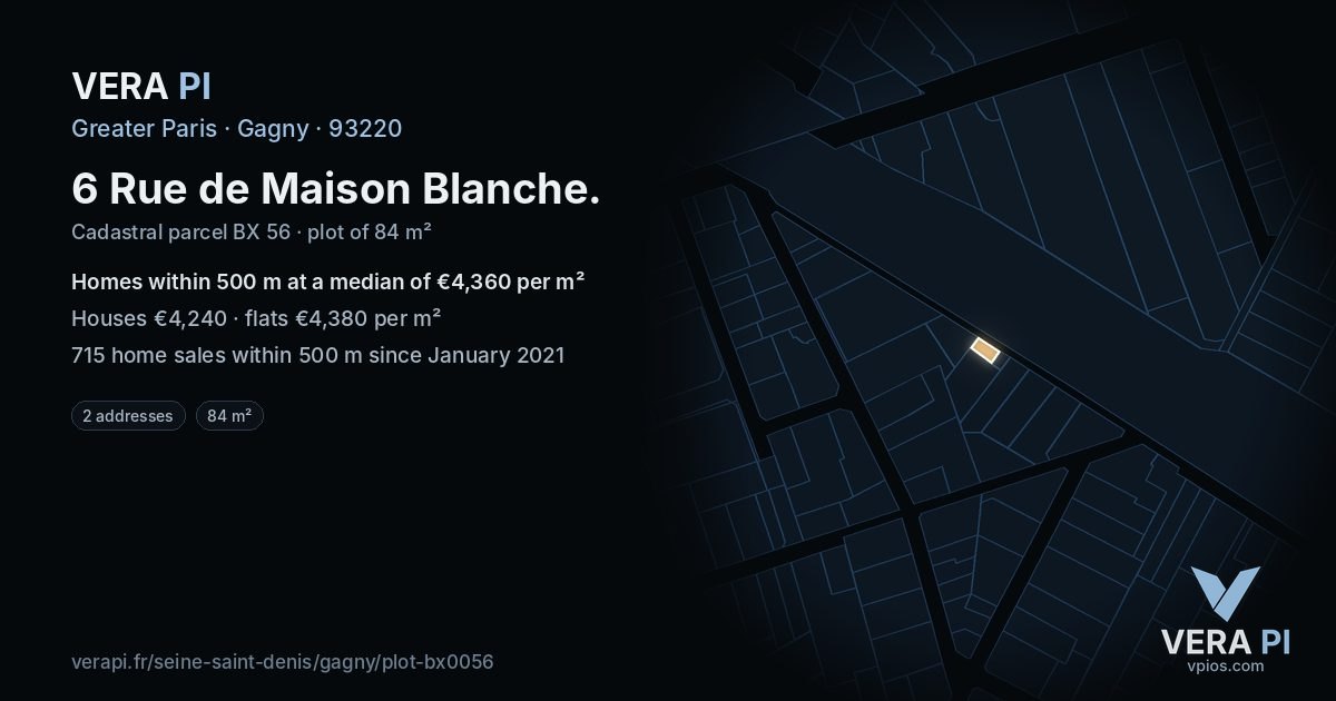 6 Rue de Maison Blanche, Gagny at night – the plot lit, the parcels around coloured by the prices near them