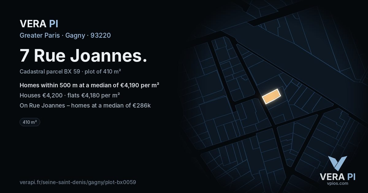 7 Rue Joannes, Gagny at night – the plot lit, the parcels around coloured by the prices near them
