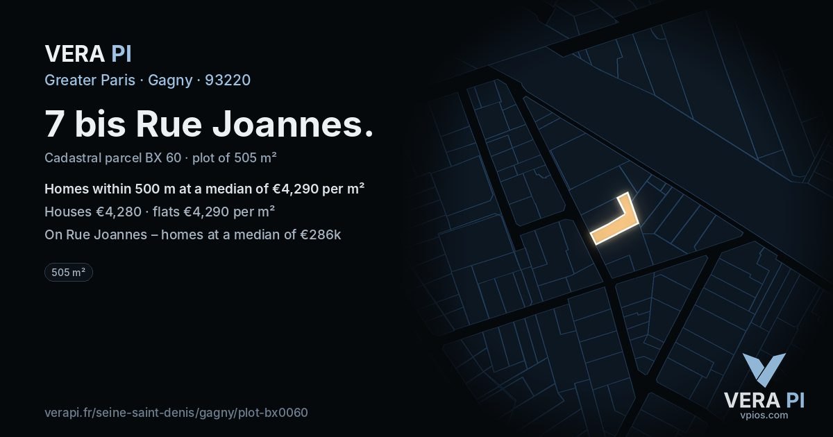 7 bis Rue Joannes, Gagny at night – the plot lit, the parcels around coloured by the prices near them
