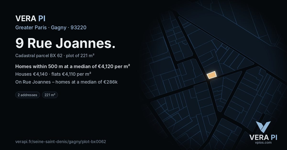 9 Rue Joannes, Gagny at night – the plot lit, the parcels around coloured by the prices near them