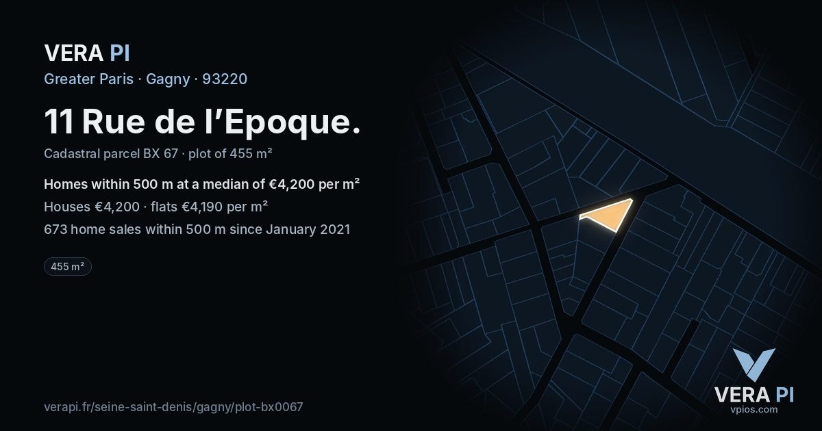 11 Rue de l’Epoque, Gagny at night – the plot lit, the parcels around coloured by the prices near them