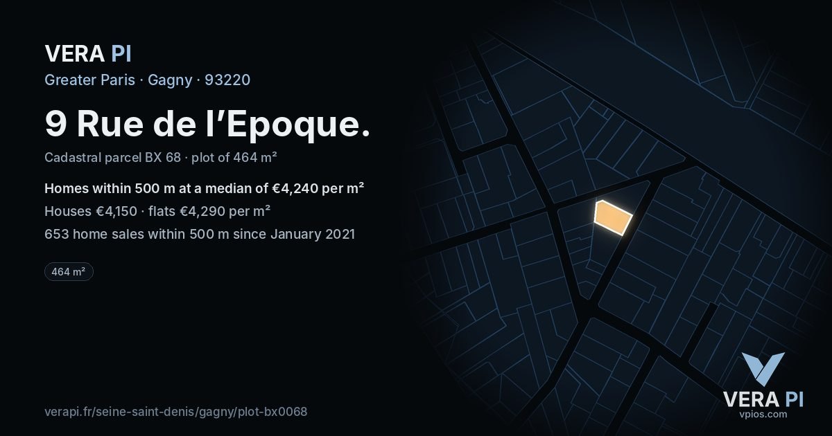 9 Rue de l’Epoque, Gagny at night – the plot lit, the parcels around coloured by the prices near them