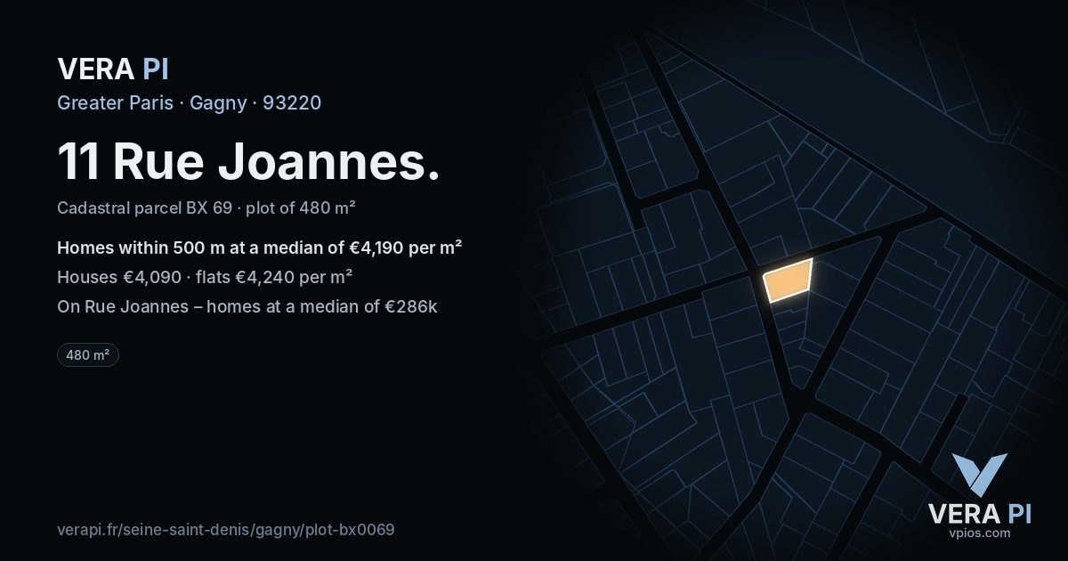 11 Rue Joannes, Gagny at night – the plot lit, the parcels around coloured by the prices near them