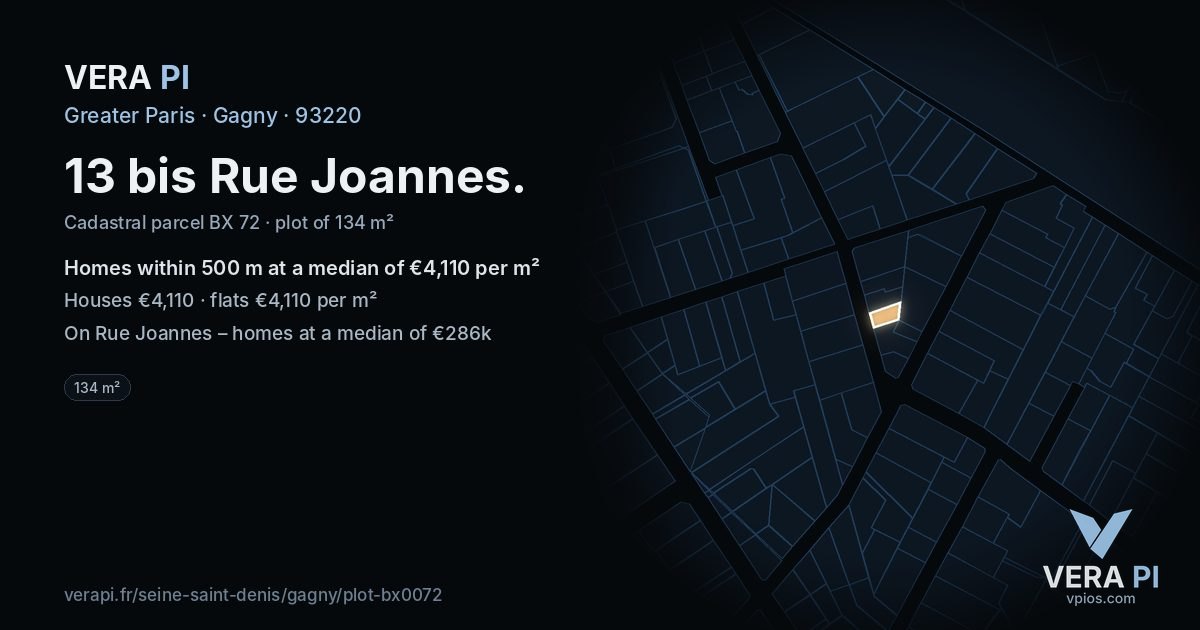 13 bis Rue Joannes, Gagny at night – the plot lit, the parcels around coloured by the prices near them