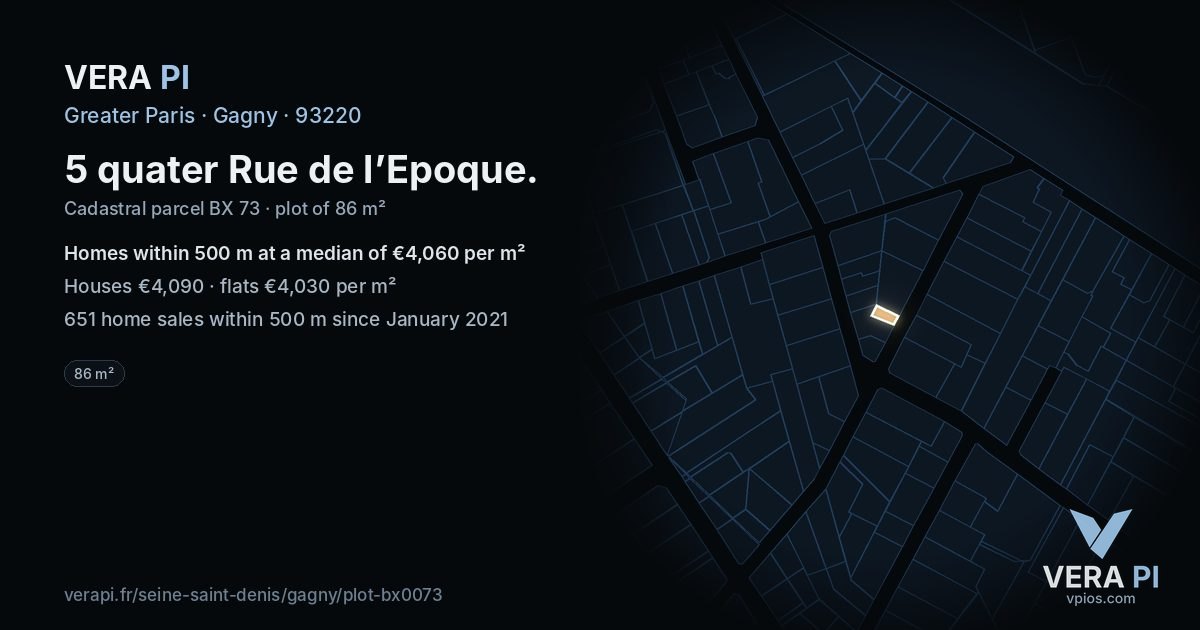 5 quater Rue de l’Epoque, Gagny at night – the plot lit, the parcels around coloured by the prices near them