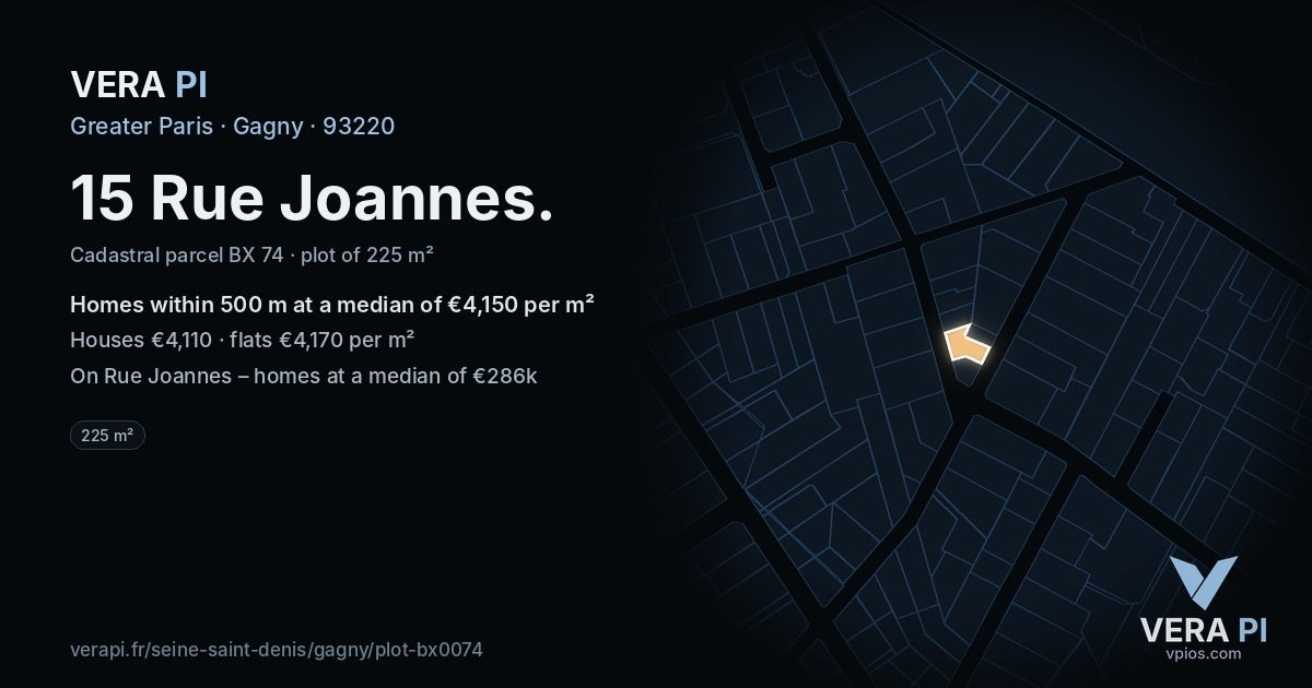 15 Rue Joannes, Gagny at night – the plot lit, the parcels around coloured by the prices near them