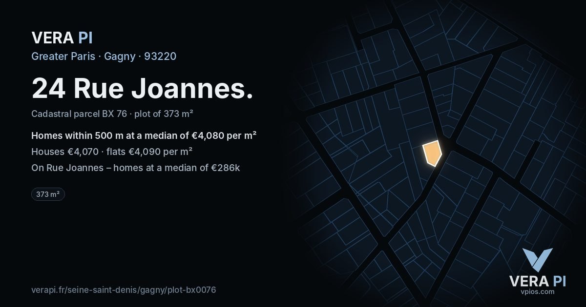 24 Rue Joannes, Gagny at night – the plot lit, the parcels around coloured by the prices near them