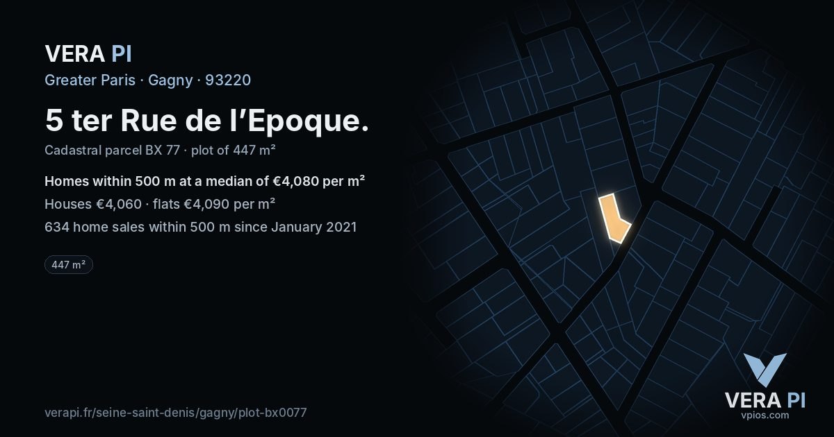 5 ter Rue de l’Epoque, Gagny at night – the plot lit, the parcels around coloured by the prices near them