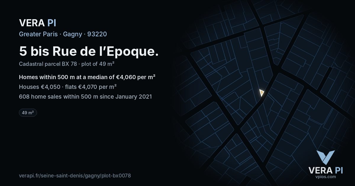 5 bis Rue de l’Epoque, Gagny at night – the plot lit, the parcels around coloured by the prices near them