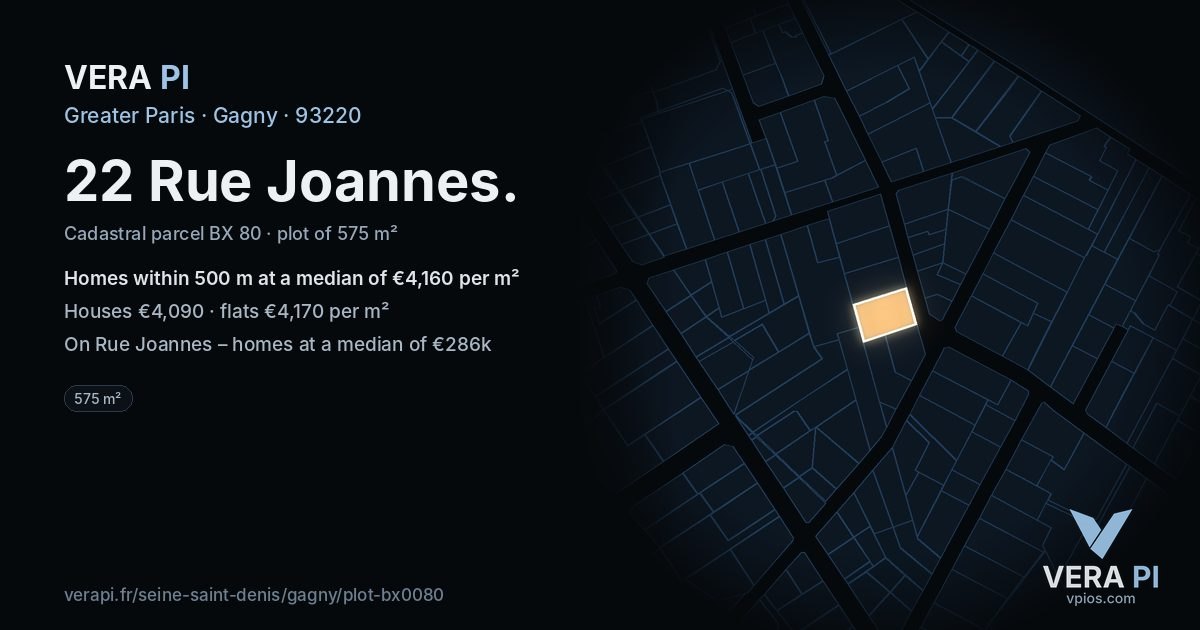 22 Rue Joannes, Gagny at night – the plot lit, the parcels around coloured by the prices near them